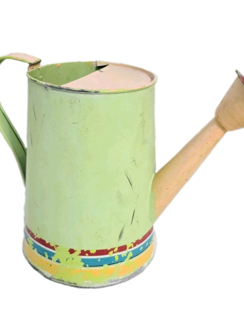 Vtg Toy Watering Can Handle Spout Primitive Stripes Metal Rustic Dried Floral